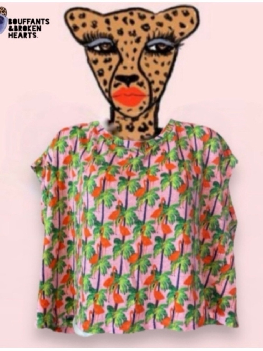 Bouffants Broken Hearts Linen Top Women Pink Flamingo Pullover Shirt Large